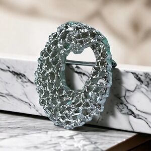 Crown Trifari Vintage Silver Tone Mesh Wreath Brooch Brutalist